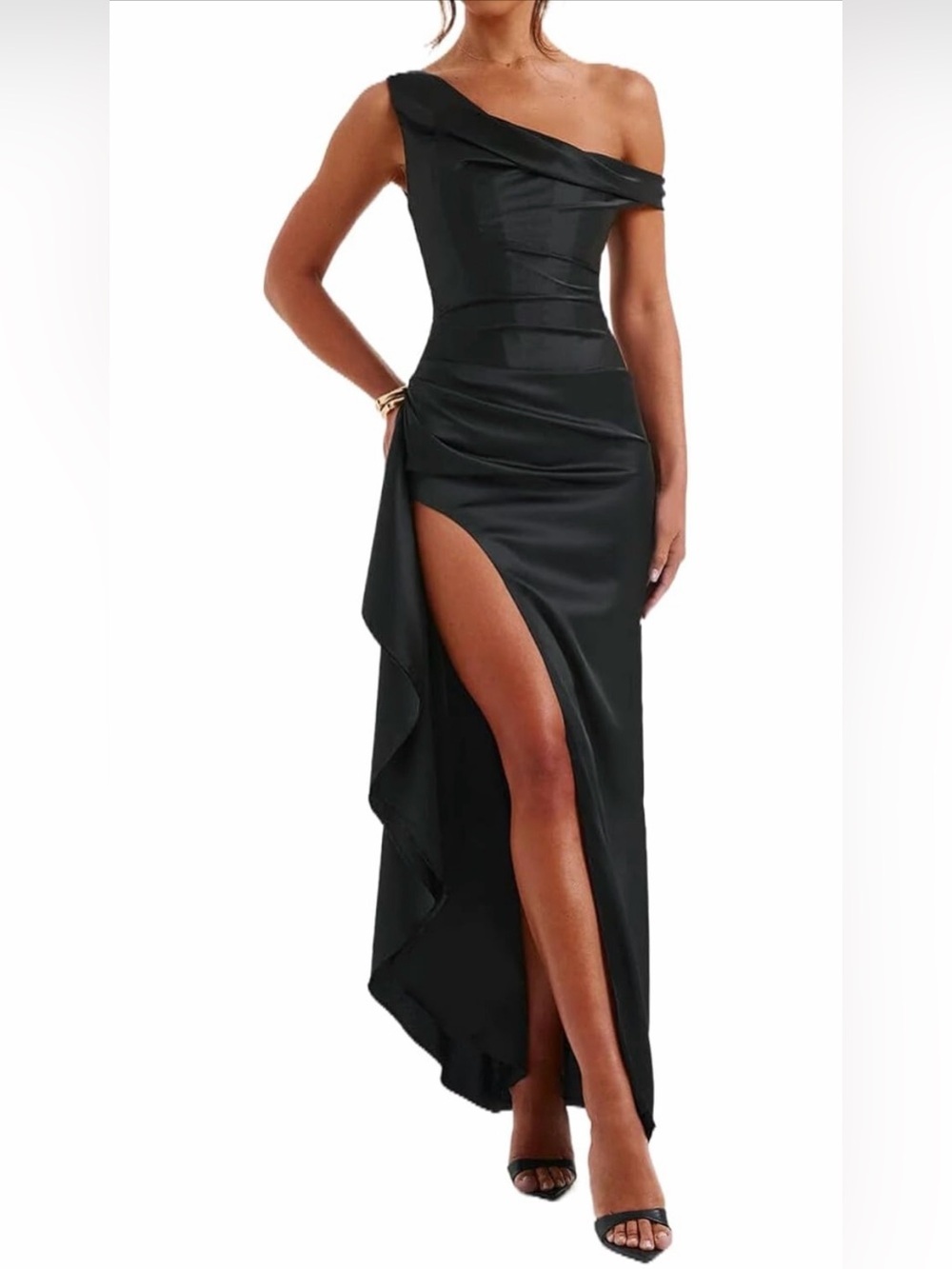 NWOT Asymmetric One-Shoulder Black High-Slit Satin Evening Dress, Medium
